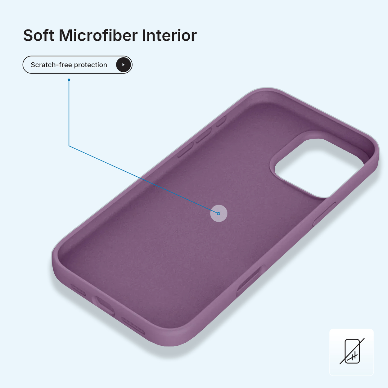 Een paarse telefoonhoes, met een zacht microvezel interieur. De hoes is schuin, met een uitsparing voor de camera. Tekst: Zacht microvezel interieur.