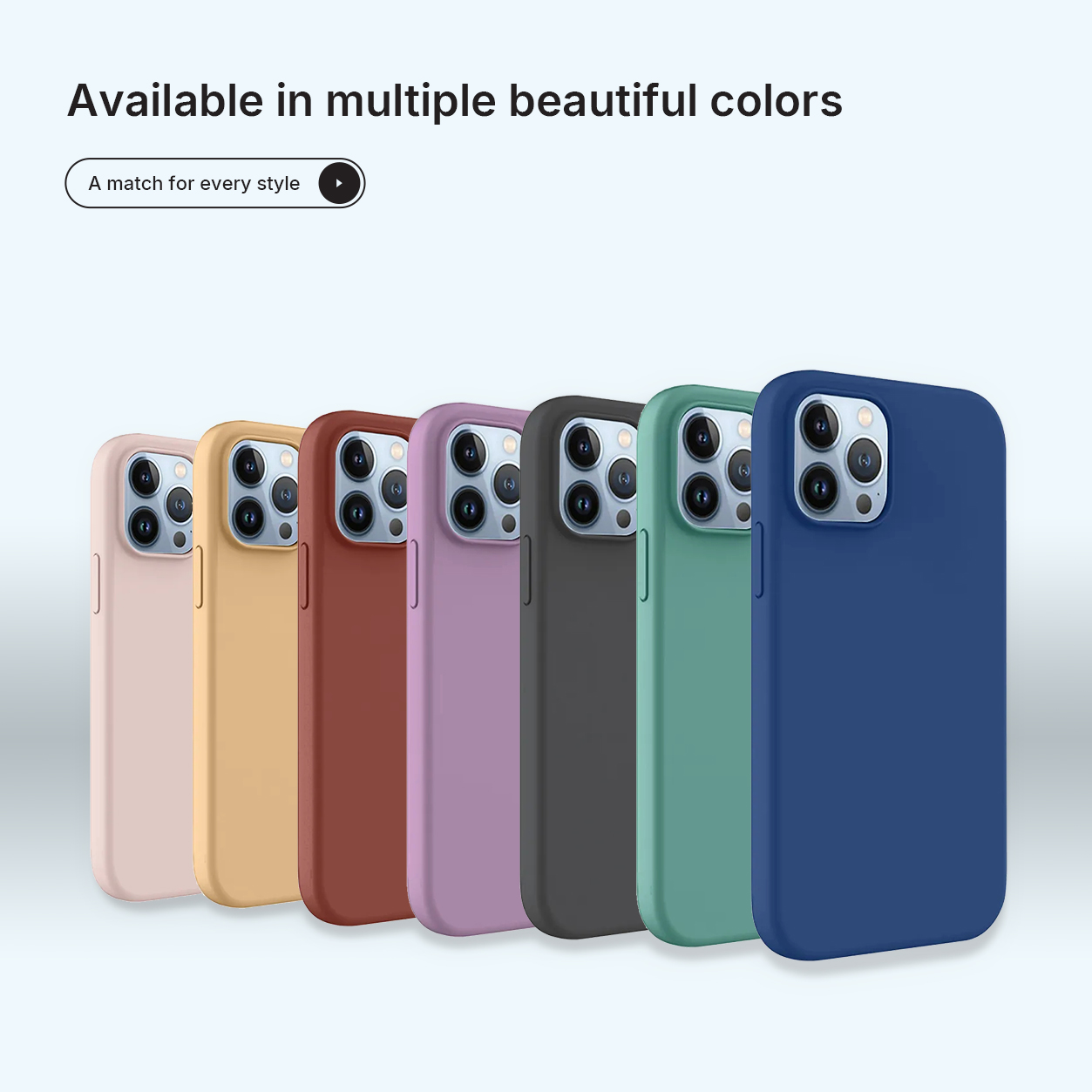 Afbeelding toont zeven kleurrijke telefoonhoesjes. Kleuren zijn roze, geel, bruin, paars, zwart, groen en blauw. Tekst luidt 'Verkrijgbaar in meerdere mooie kleuren'.