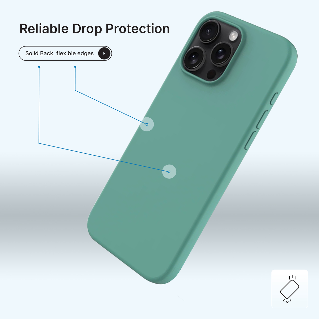 Een teal telefoonhoesje met een solide achterkant en flexibele randen wordt weergegeven. De tekst luidt 'Betrouwbare valbescherming'.