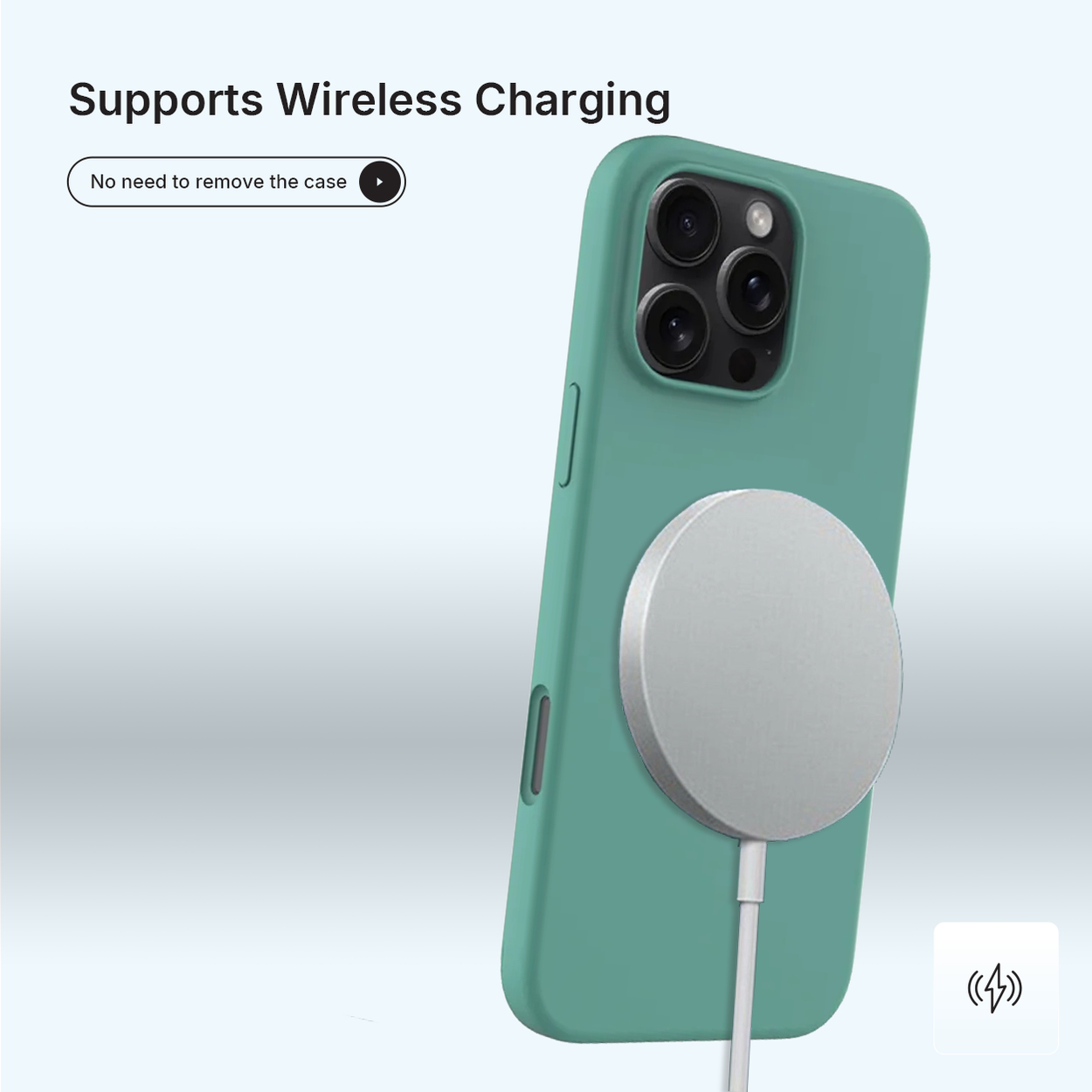 Een teal telefoonhoesje met een zilveren draadloze oplader. Tekst erboven: 'Ondersteunt draadloos opladen'.