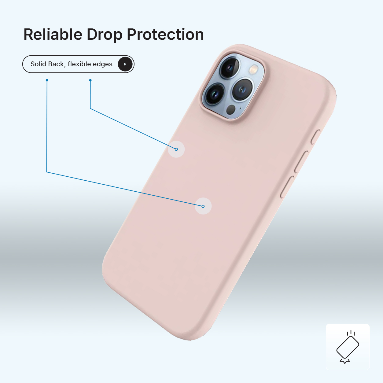 Een roze telefoonhoes is schuin geplaatst om de achterkant en zijkant te laten zien, met een tekstoverlay die valbescherming en flexibele randen aangeeft.