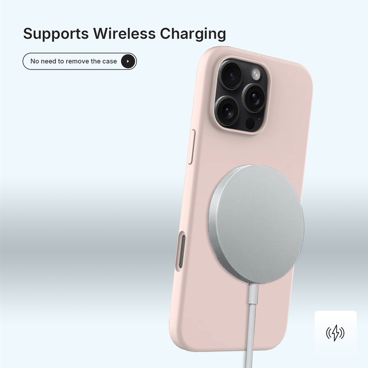 Un téléphone rose avec un chargeur magnétique. Texte indique la charge sans fil sans retirer l'étui.