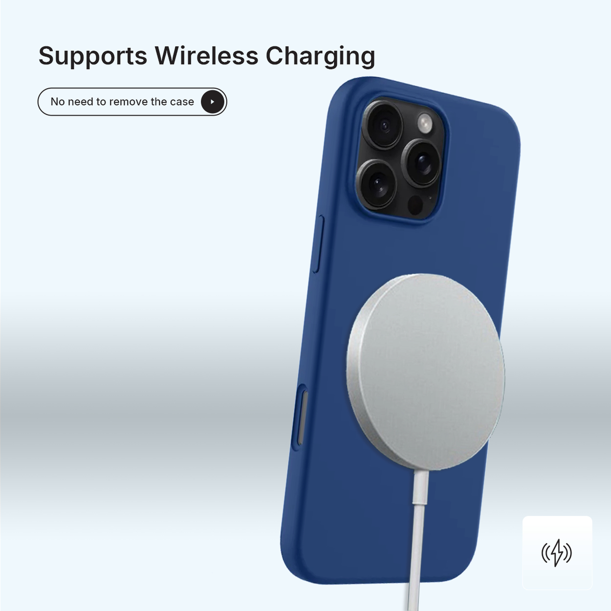 Een blauwe telefoon met een zilveren draadloze oplader wordt getoond. De tekst luidt "Ondersteunt draadloos opladen". De telefoonhoes zit erop.