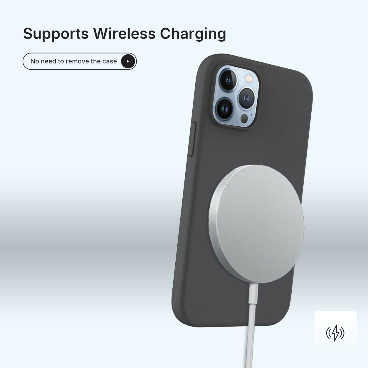 Een donkere telefoonhoes met een zilveren oplaadschijf bevestigd. Een witte kabel verbindt de schijf. Tekst: 'Ondersteunt draadloos opladen'.