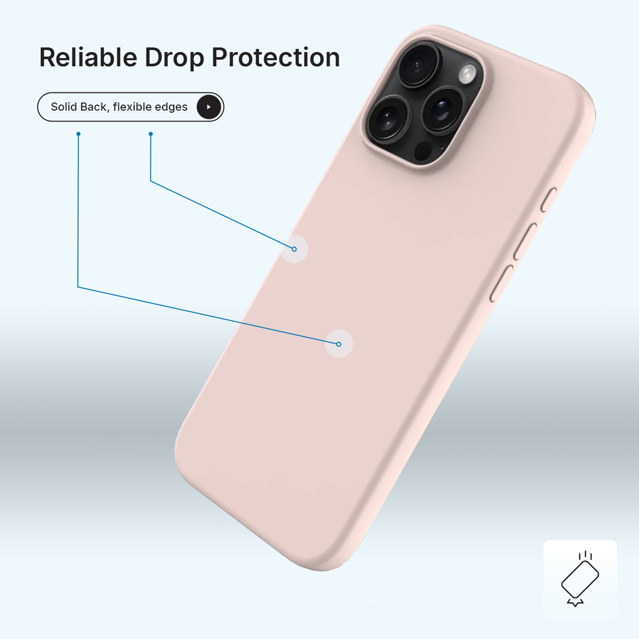 Une coque de téléphone rose avec trois objectifs. Texte : 'Protection fiable contre les chutes' et 'Dos solide, bords flexibles'.