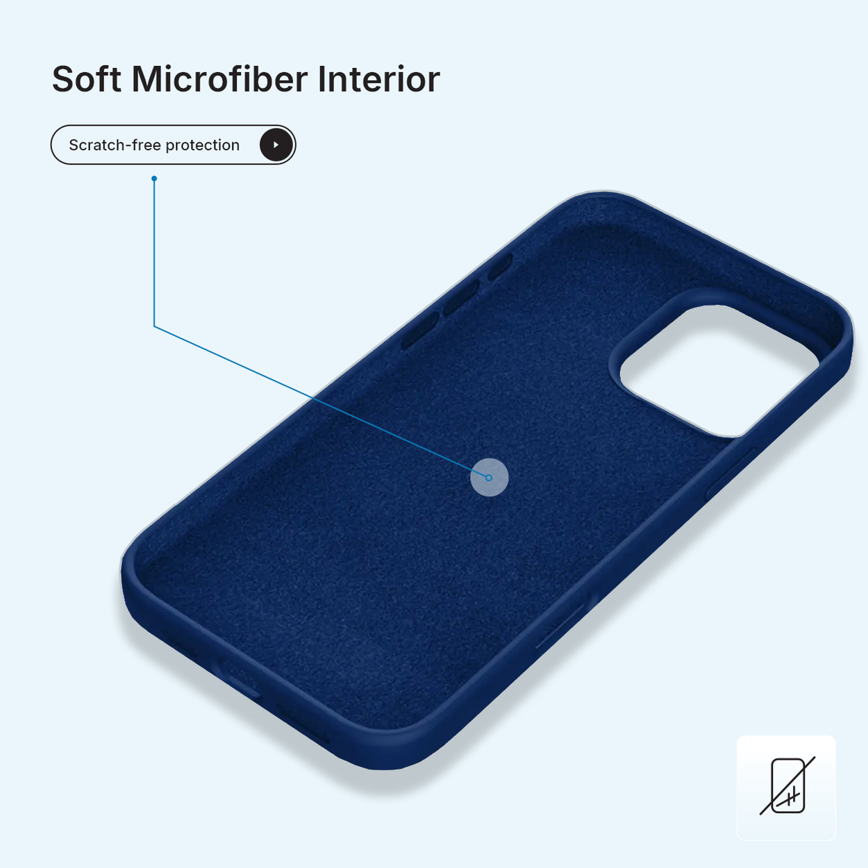 Een donkerblauwe telefoonhoes op een lichtblauwe achtergrond. Tekst luidt 'Soft Microfiber Interior' en 'Scratch-free protection'.