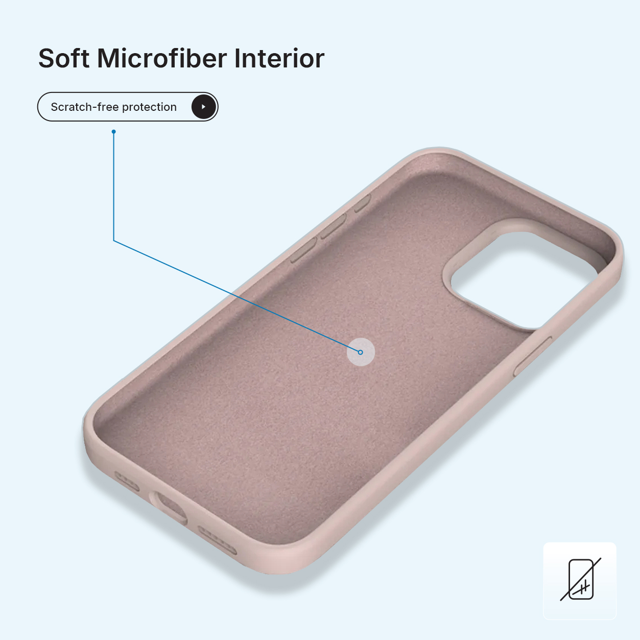 Een zachtroze telefoonhoesje interieur met een blauwe lijn die van de tekst 'Krasvrije bescherming' naar de hoes wijst.