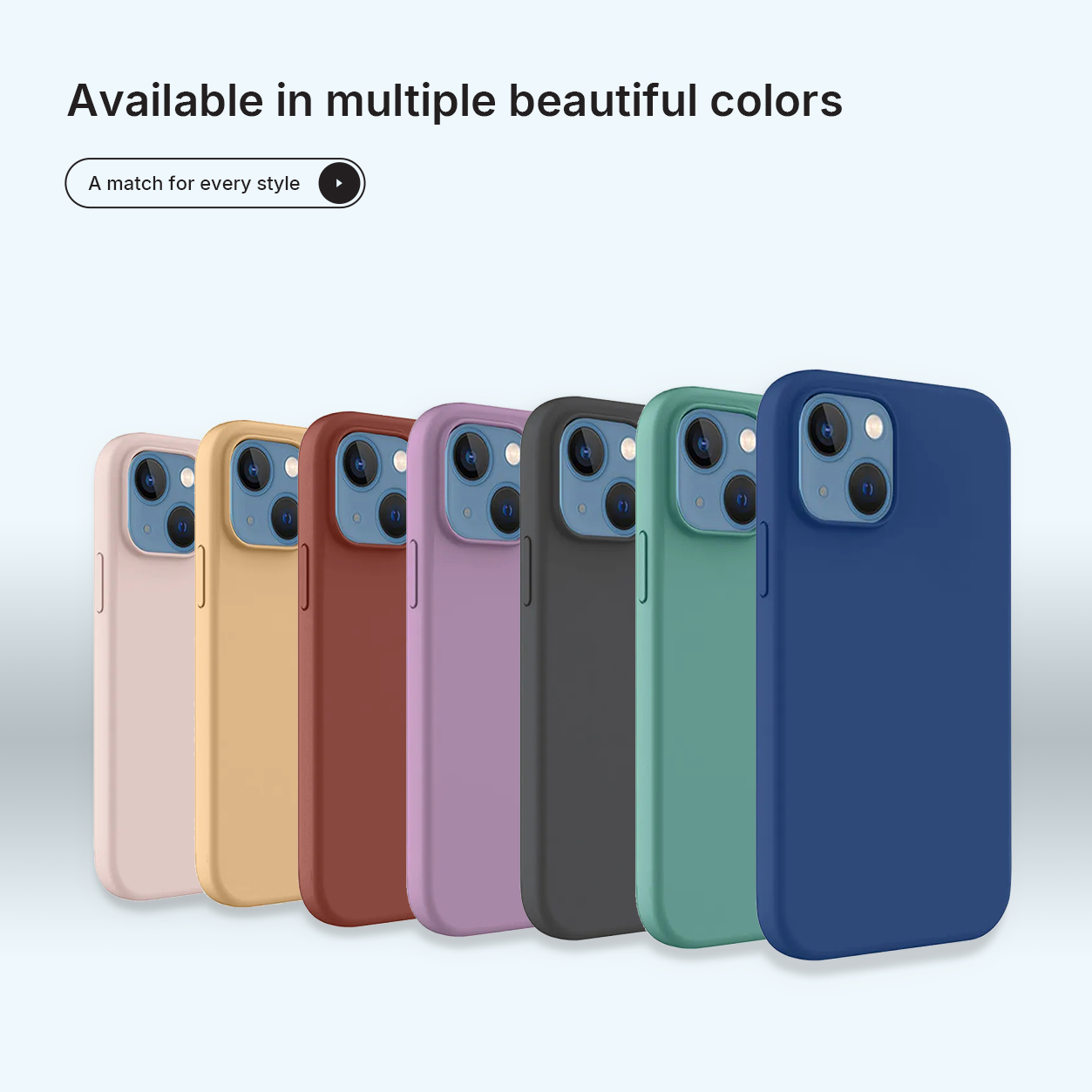 Zeven kleurrijke telefoonhoesjes getoond. Kleuren zijn roze, geel, rood, paars, zwart, groen en blauw, met zichtbare cameradetails.
