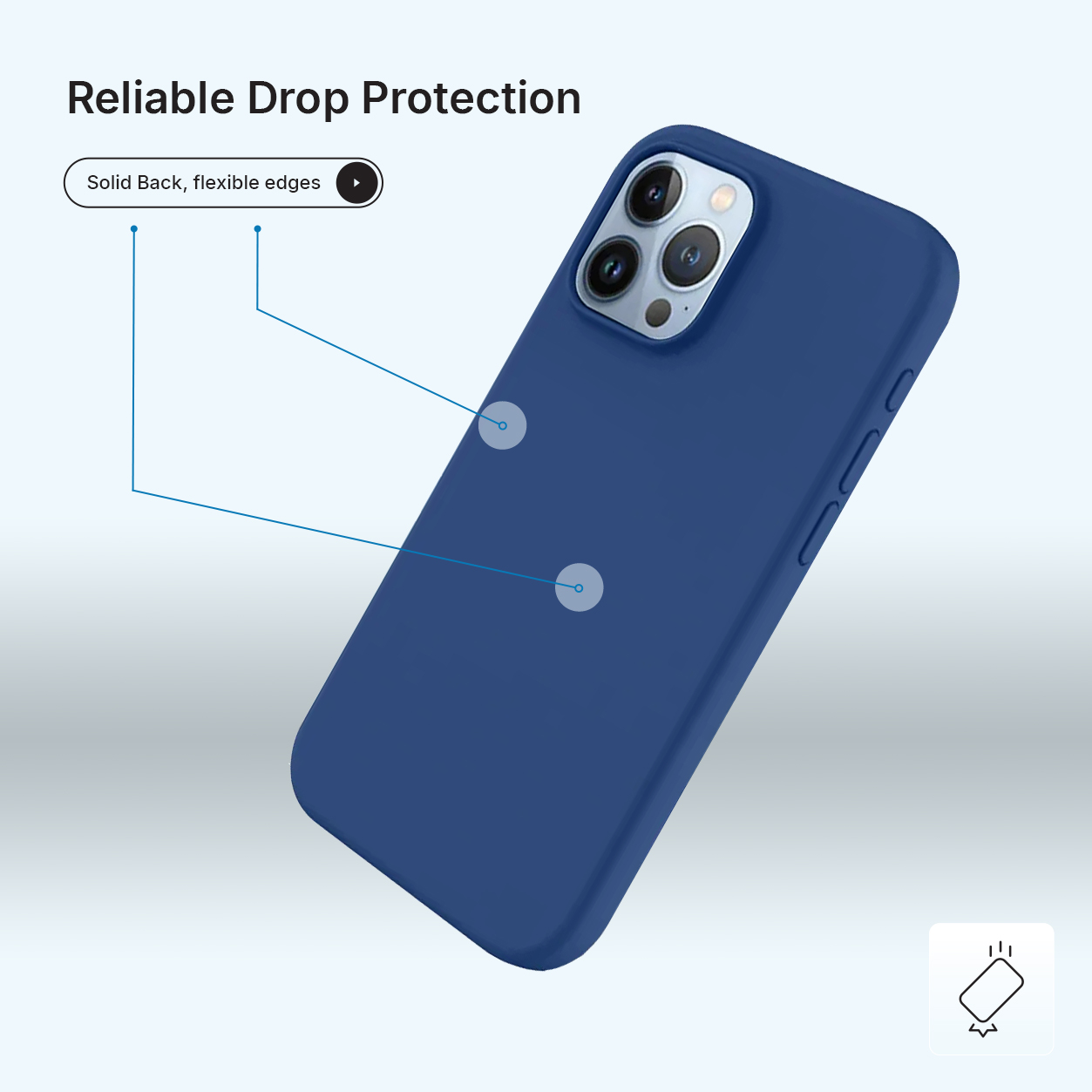 Een marineblauwe telefoonhoes wordt weergegeven, iets schuin. Tekst geeft betrouwbare valbescherming aan met een stevige achterkant en flexibele randen.