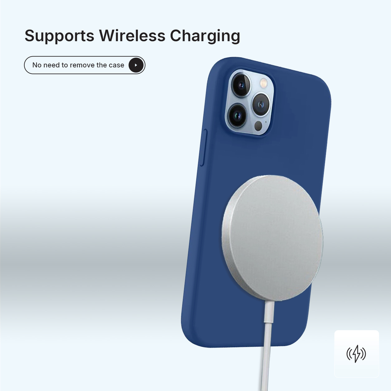Een blauwe telefoonhoes met een zilveren oplaadschijf bevestigd. De tekst zegt dat het draadloos opladen ondersteunt. Een oplaadpictogram staat onderaan.