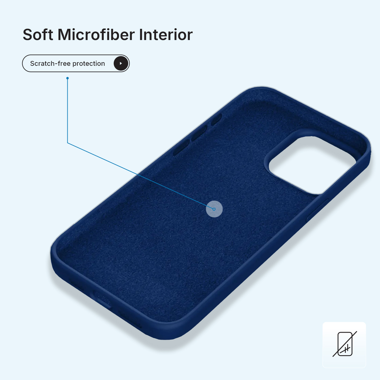Een marineblauwe telefoonhoes binnenkant, met zacht microvezelmateriaal. De tekst luidt 'Soft Microfiber Interior' en 'Scratch-free protection'.