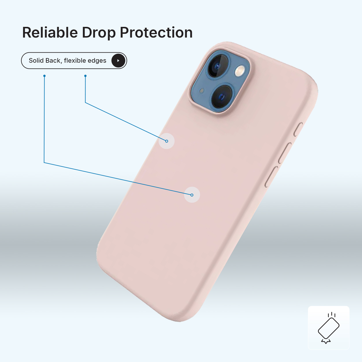 Er wordt een roze telefoonhoesje getoond, schuin, met de woorden Betrouwbare valbescherming. Tekst geeft een stevige achterkant en flexibele randen aan.
