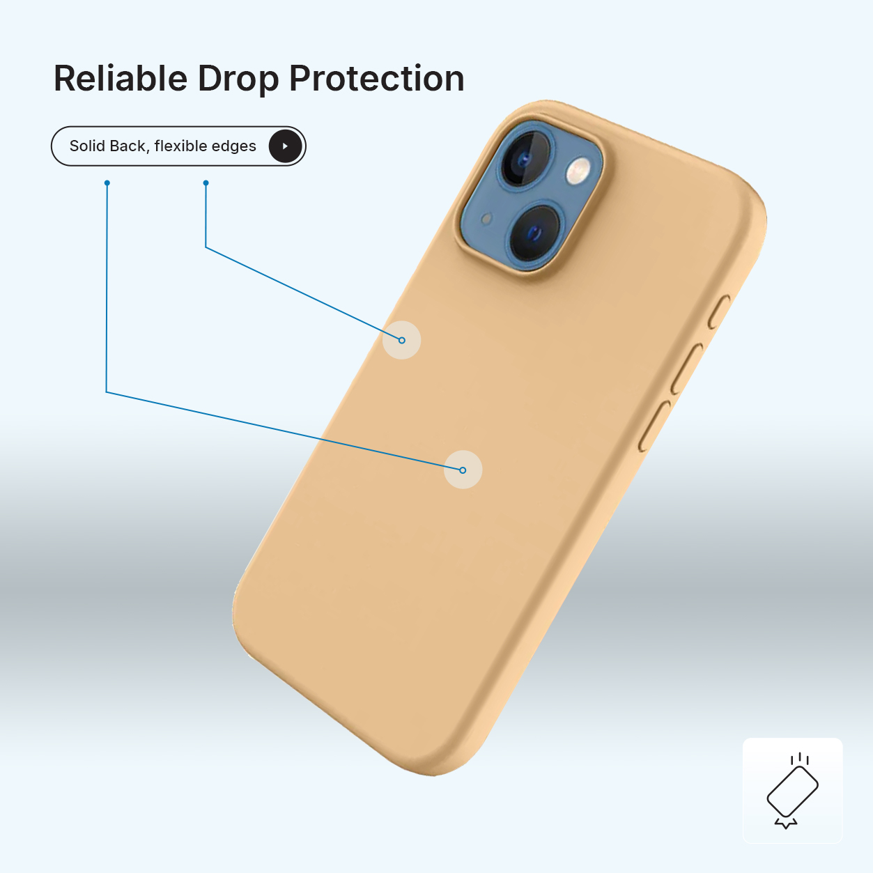 Een bruin telefoonhoesje met flexibele randen wordt getoond. De tekst op de afbeelding luidt: Betrouwbare valbescherming. De achtergrond is lichtblauw.