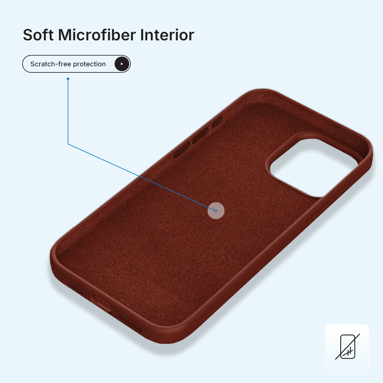 Bruine telefoonhoes binnenkant met tekst 'Soft Microfiber Interior' en 'Scratch-free protection'. Een diagram wijst naar het oppervlak.
