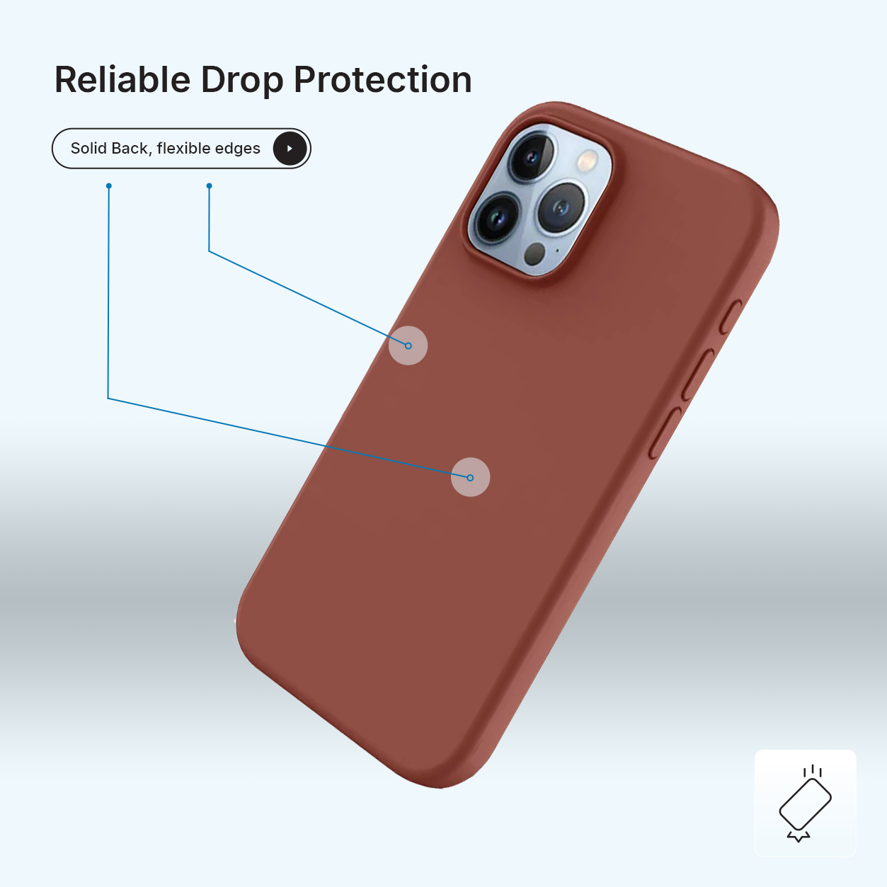 Une coque de téléphone marron sur fond bleu clair. Elle a un dos solide et des bords souples. Le texte indique 'Protection fiable contre les chutes'.