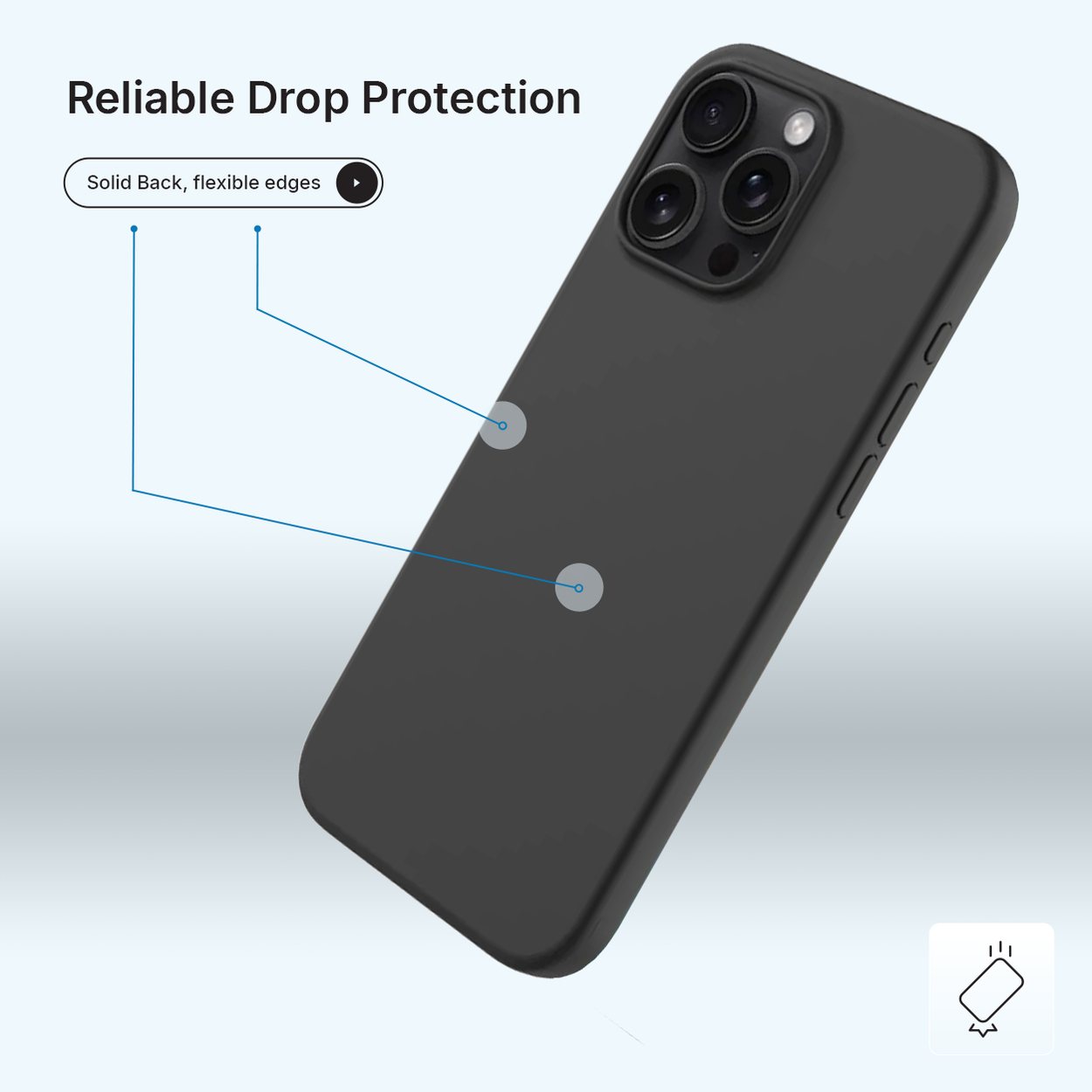 Een zwarte telefoonhoes wordt getoond, met de woorden 'Reliable Drop Protection'. De hoes heeft een stevige achterkant en flexibele randen.