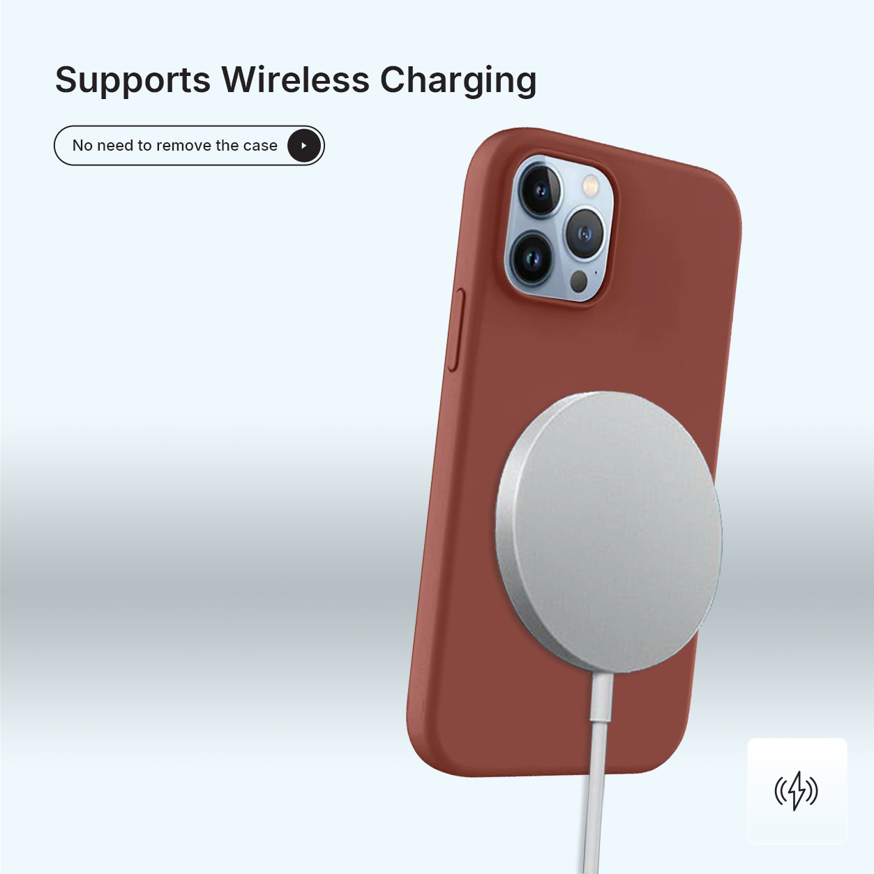 Un téléphone dans un étui marron avec un socle de chargement blanc attaché. Le téléphone est près d'un symbole de chargement sans fil.