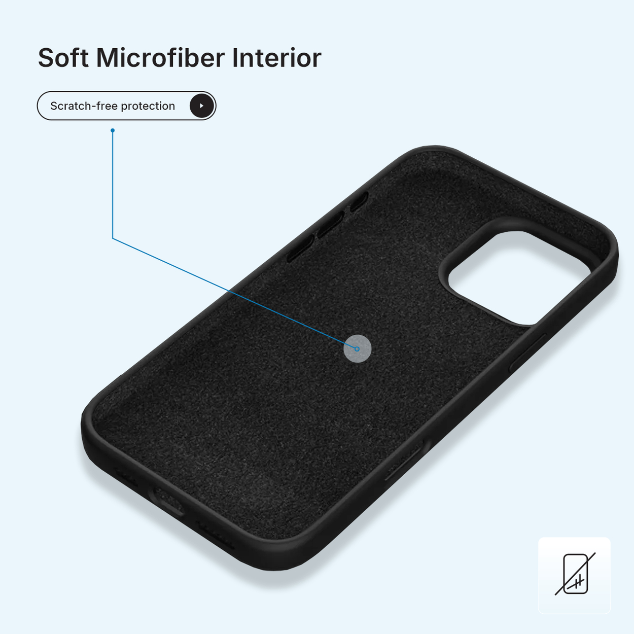 Een zwarte telefoonhoes met zacht microvezel interieur. Tekst zegt 'Soft Microfiber Interior' en 'Scratch-free protection'.