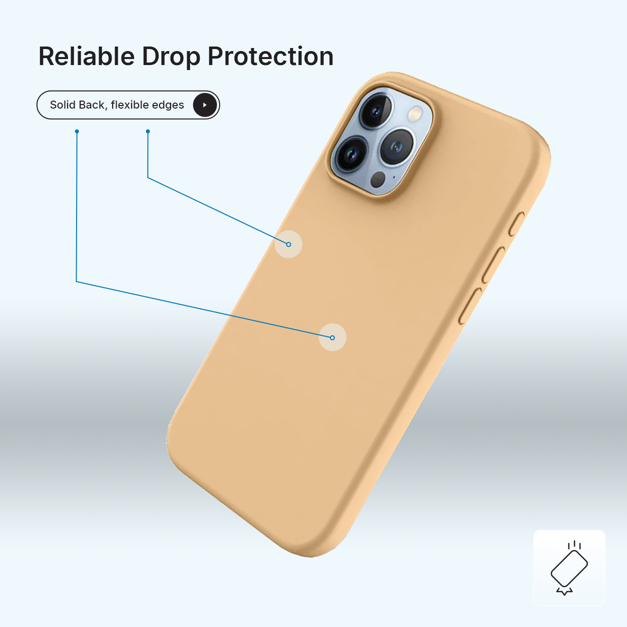 Een bruin telefoonhoesje wordt getoond, onder een hoek om de functies weer te geven. Tekst geeft betrouwbare valbescherming aan.