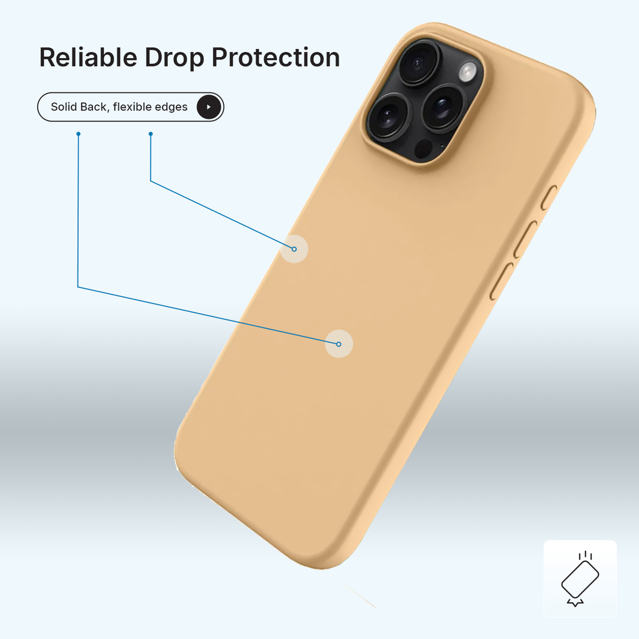 Een beige telefoonhoesje met een drievoudige cameralens. Tekst geeft valbescherming en een stevige achterkant met flexibele randen aan.