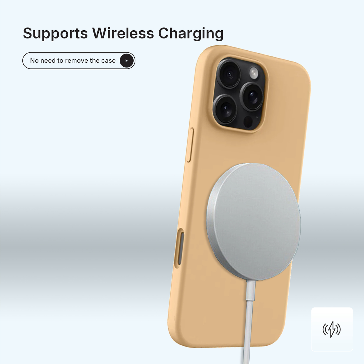 Een telefoon in een gele hoes met een zilveren oplader. Tekst zegt: Ondersteunt draadloos opladen. U hoeft de hoes niet te verwijderen.