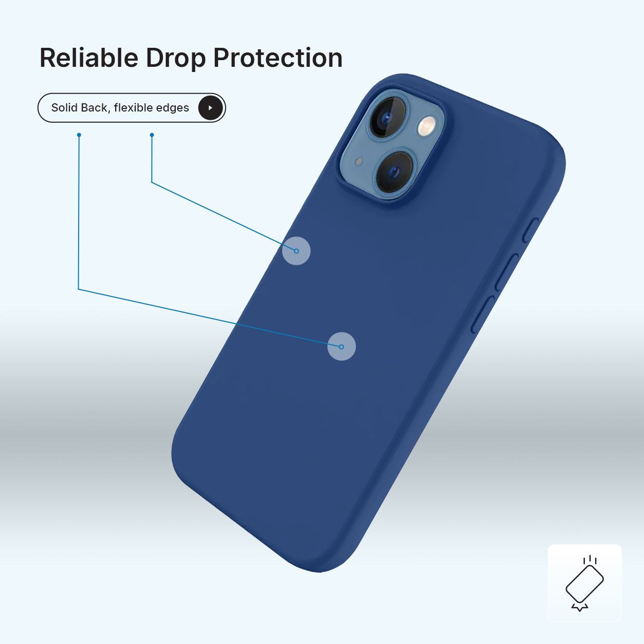 Un étui de téléphone bleu marine est présenté, incliné pour montrer le dos et le côté. Le texte souligne la protection contre les chutes et les bords flexibles.