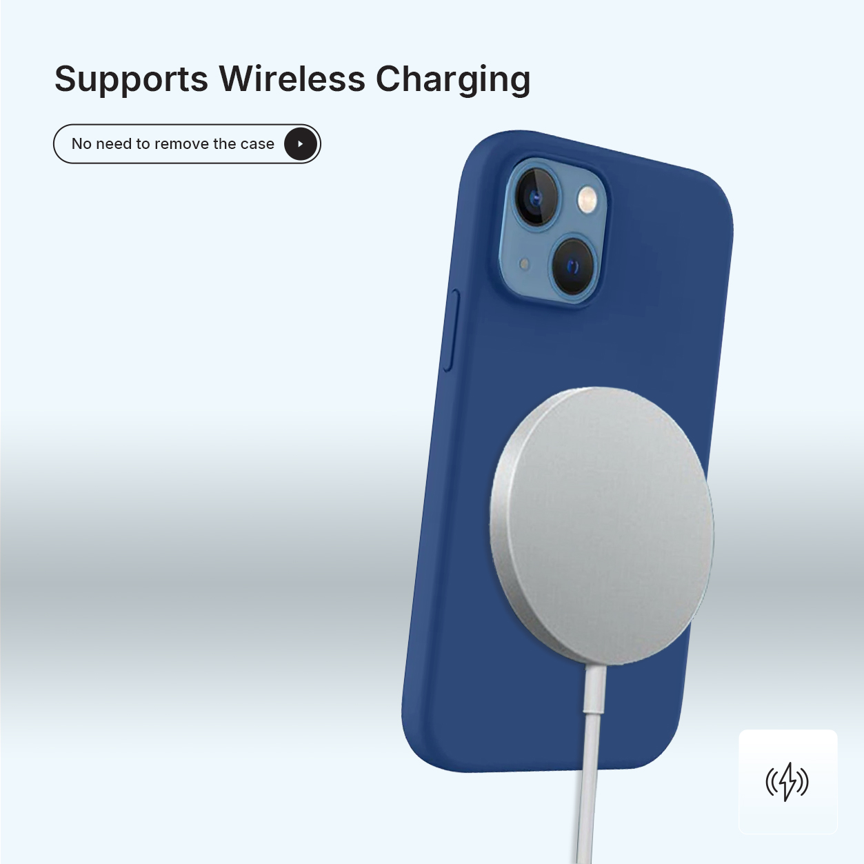 Une coque de téléphone bleue avec un chargeur sans fil argenté attaché. L'image suggère la prise en charge de la charge sans fil.