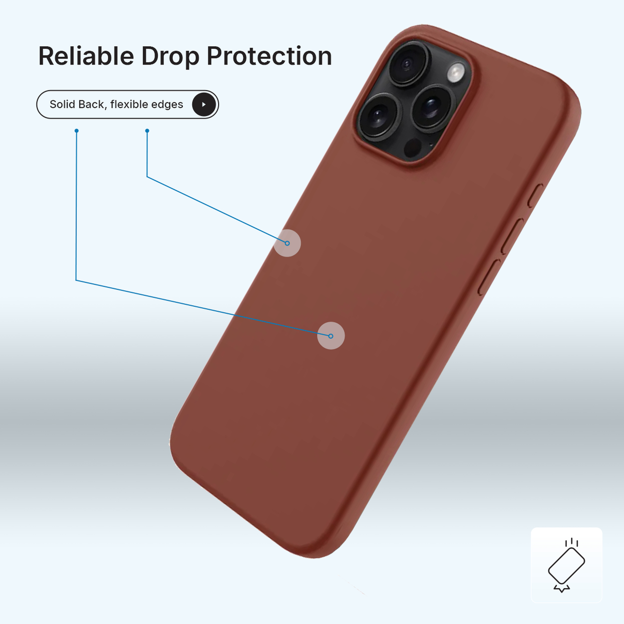 Een bruine telefoonhoes met een cameramodule. Tekst geeft 'Betrouwbare valbescherming' en 'Stevige achterkant, flexibele randen'.