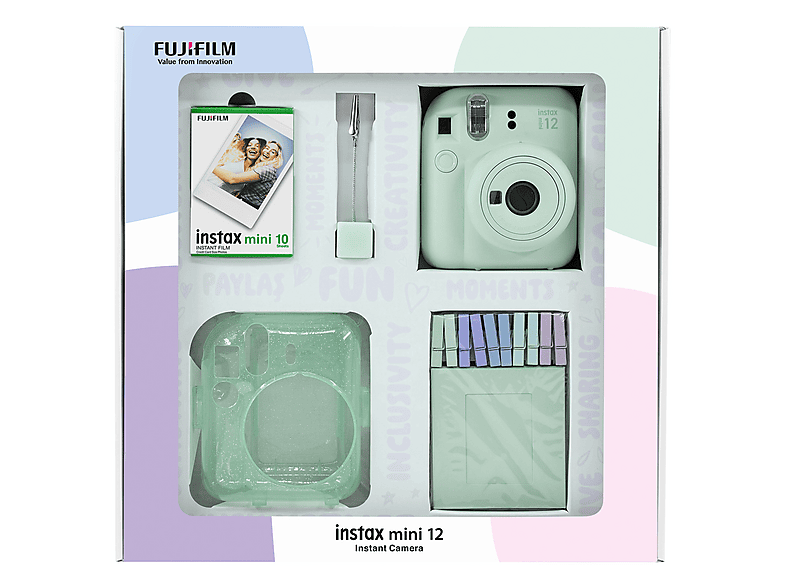FUJIFILM Instax mini 12 Fotoğraf Makinesi 10'lu Film Pleksi Kılıf Mandal ve Kıskaç Bundle Set Yeşil