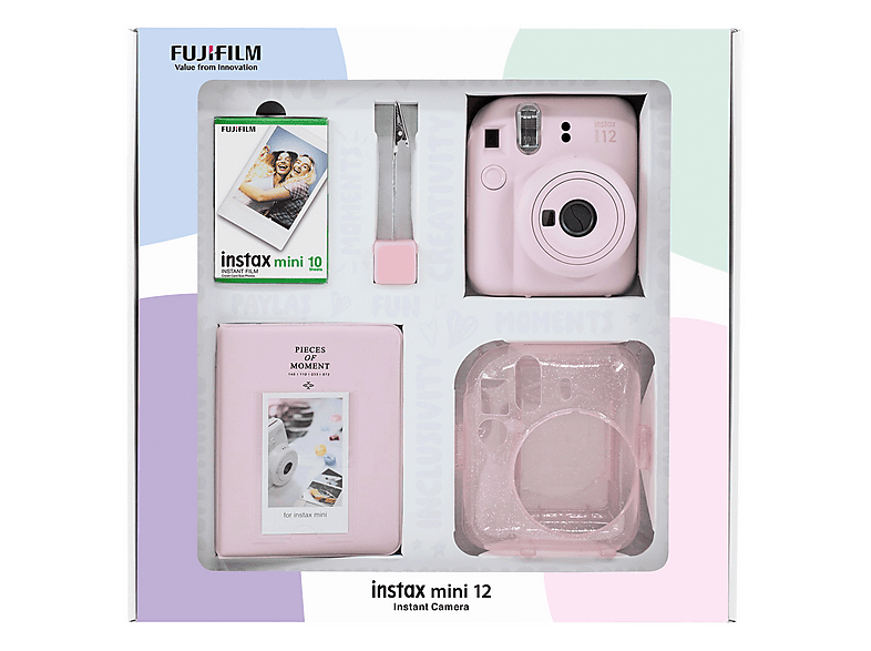 FUJIFILM Instax mini 12 Fotoğraf Makinesi 10'lu Film Pleksi Kılıf PVC Albüm ve Kıskaç Bundle Set Pembe