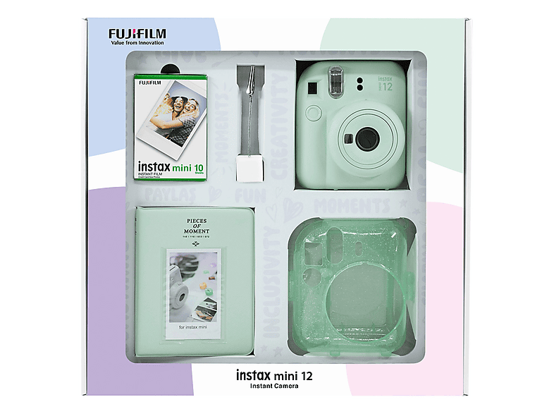 FUJIFILM Instax mini 12 Fotoğraf Makinesi 10'lu Film Pleksi Kılıf PVC Albüm ve Kıskaç Bundle Set Yeşil