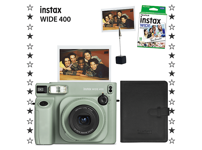 FUJIFILM Instax Wide 400 Fotoğraf Makinesi 10'lu Film Kıskaç ve Deri Albüm Bundle Set Yeşil