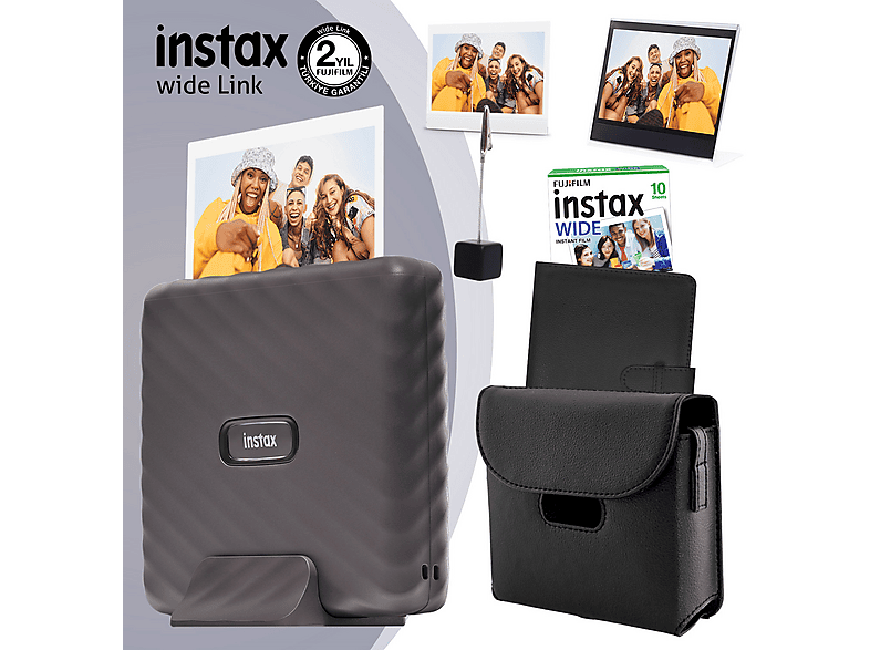 FUJIFILM Instax Wide Link Yazıcı 10lu Film Deri Kılıf Albüm Pleksi Çerçeve ve Kıskaçlı Stand Bundle Set Gri