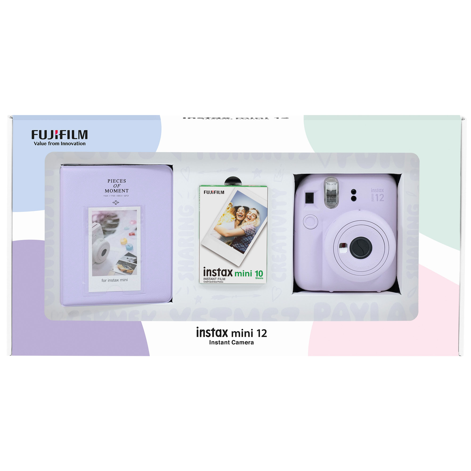Lavanta renkli bir Instax mini 12 kamera, film ve fotoğraf albümü içeren bir kutu. Fujifilm logosu görünür.