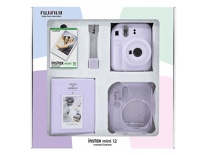 FUJIFILM Instax mini 12 Fotoğraf Makinesi 10'lu Film Pleksi Kılıf PVC Albüm ve Kıskaç Bundle Set Mor