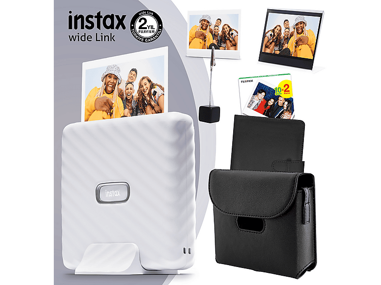 FUJIFILM Instax Wide Link Yazıcı 20li Film Deri Kılıf Albüm Pleksi Çerçeve ve Kıskaçlı Stand Fotoğraf Yazıcısı Beyaz
