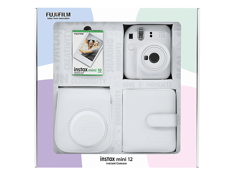 FUJIFILM Instax mini 12 Fotoğraf Makinesi 10'lu Film Kare Albüm ve Deri Kılıf Bundle Set Beyaz