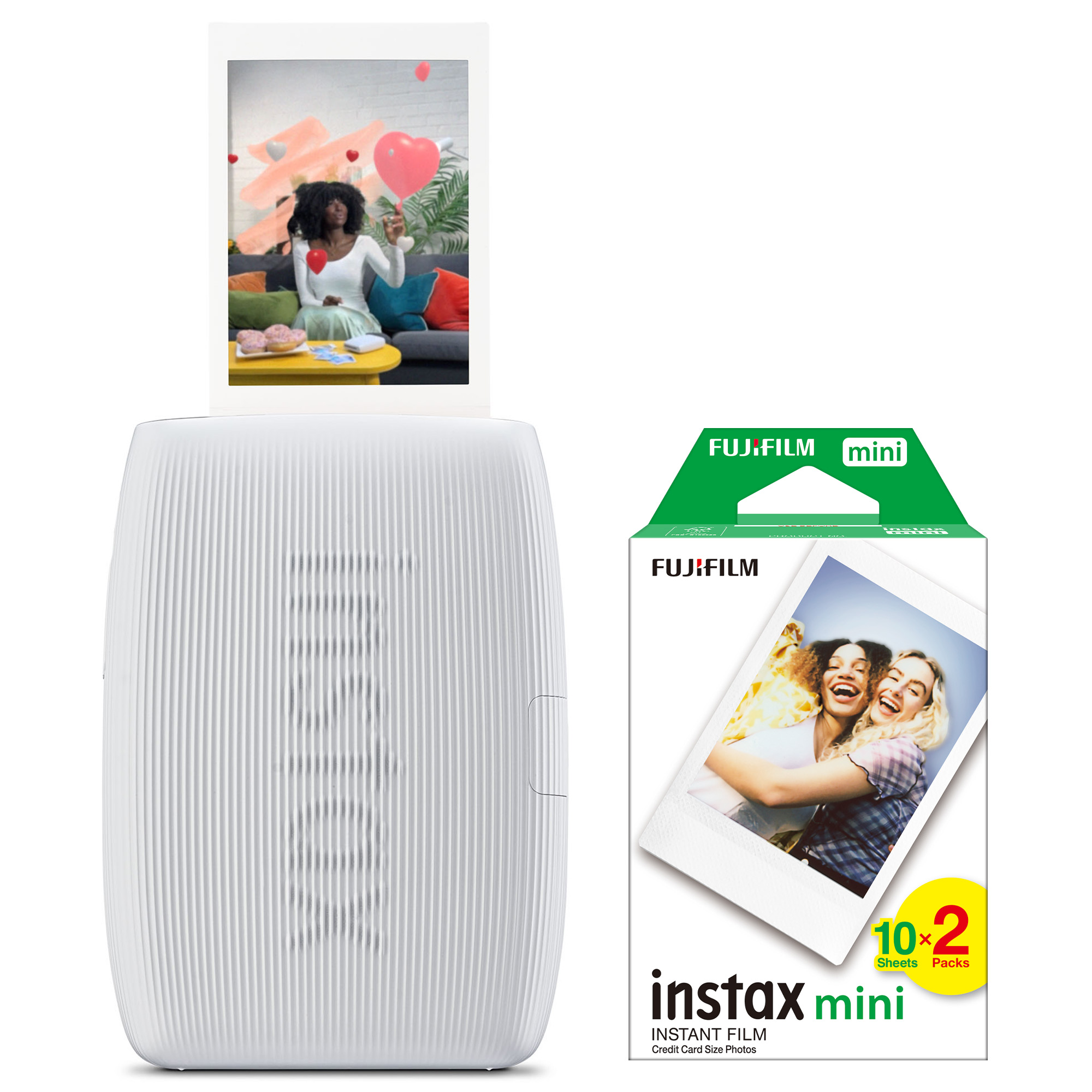 Üstünde fotoğraf baskısı olan beyaz bir Instax yazıcı. Sağda Fujifilm Instax Mini film kutusu.