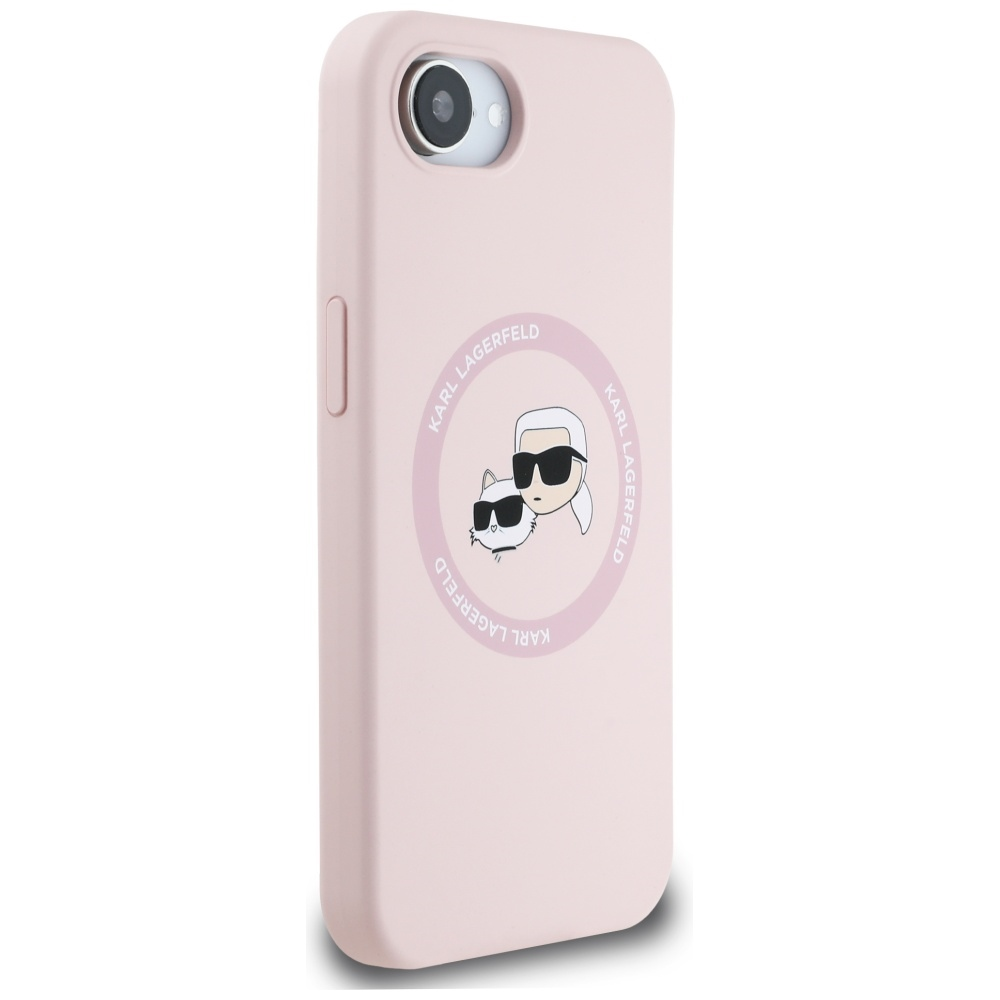 Una custodia rosa per telefono con il logo Karl Lagerfeld. Il logo presenta un gatto e un uomo con occhiali da sole. Il telefono ha una fotocamera.