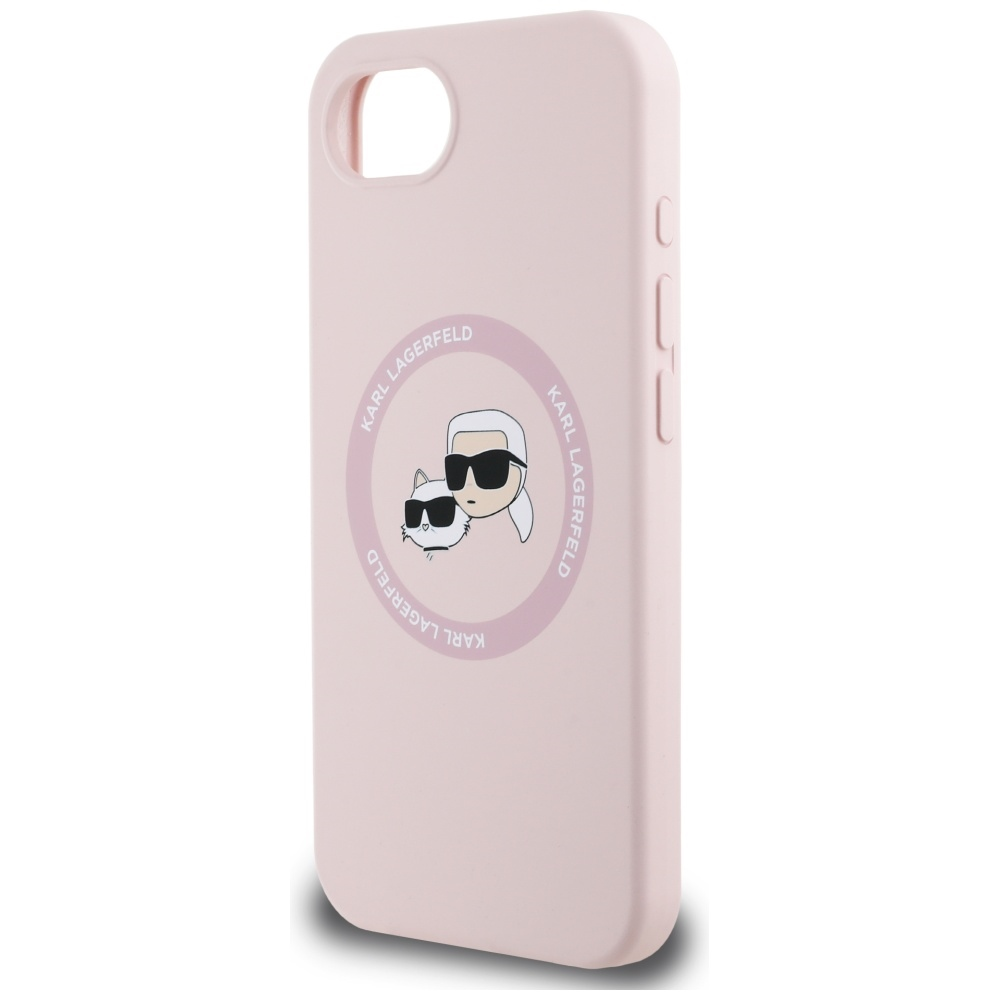 Una custodia rosa per telefono con il logo Karl Lagerfeld. Il logo presenta un cartone animato di Karl e un gatto, entrambi con occhiali da sole.