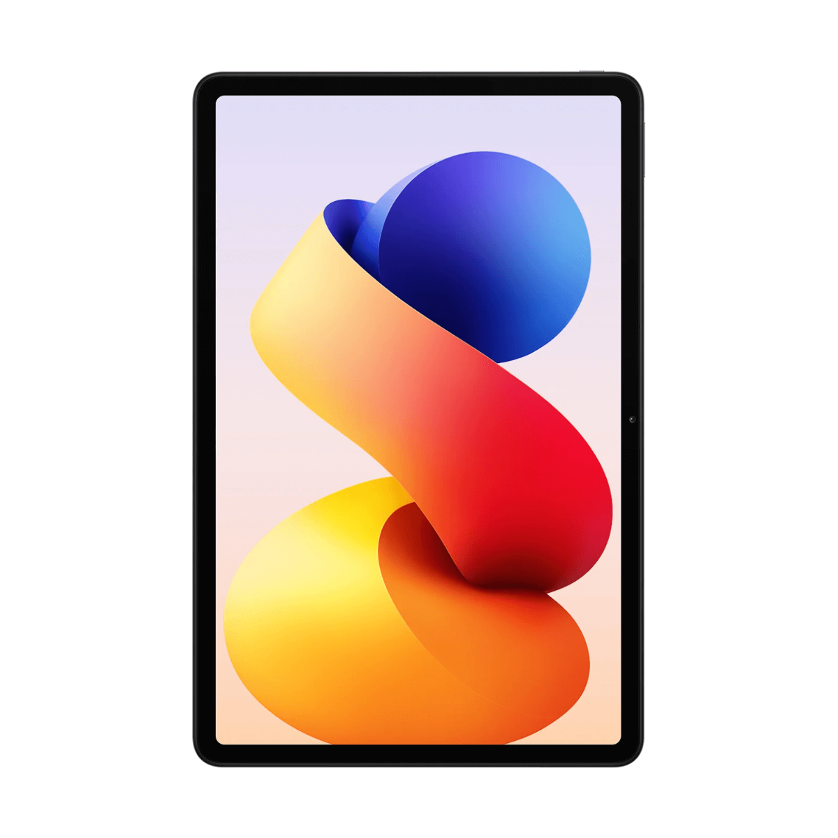 Tablet mit schwarzem Rahmen. Der Bildschirm zeigt ein abstraktes Design aus orangefarbenen, roten und blauen Formen. Weißer Hintergrund.