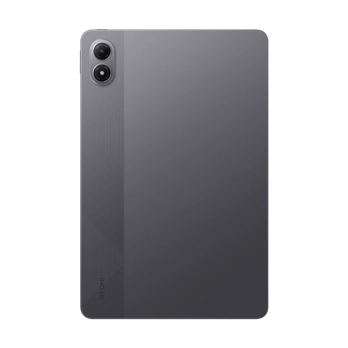Graues Tablet, Rückansicht, mit zwei Kameras oben links. Unten links steht 'REDMI'. Strukturierte Platte links.