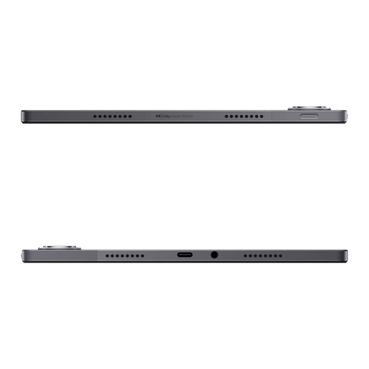 Zwei Seitenansichten eines dunkelgrauen Tablets. Eine zeigt Dolby Vision Atmos, die andere hat einen USB-C-Anschluss und eine Kopfhörerbuchse.