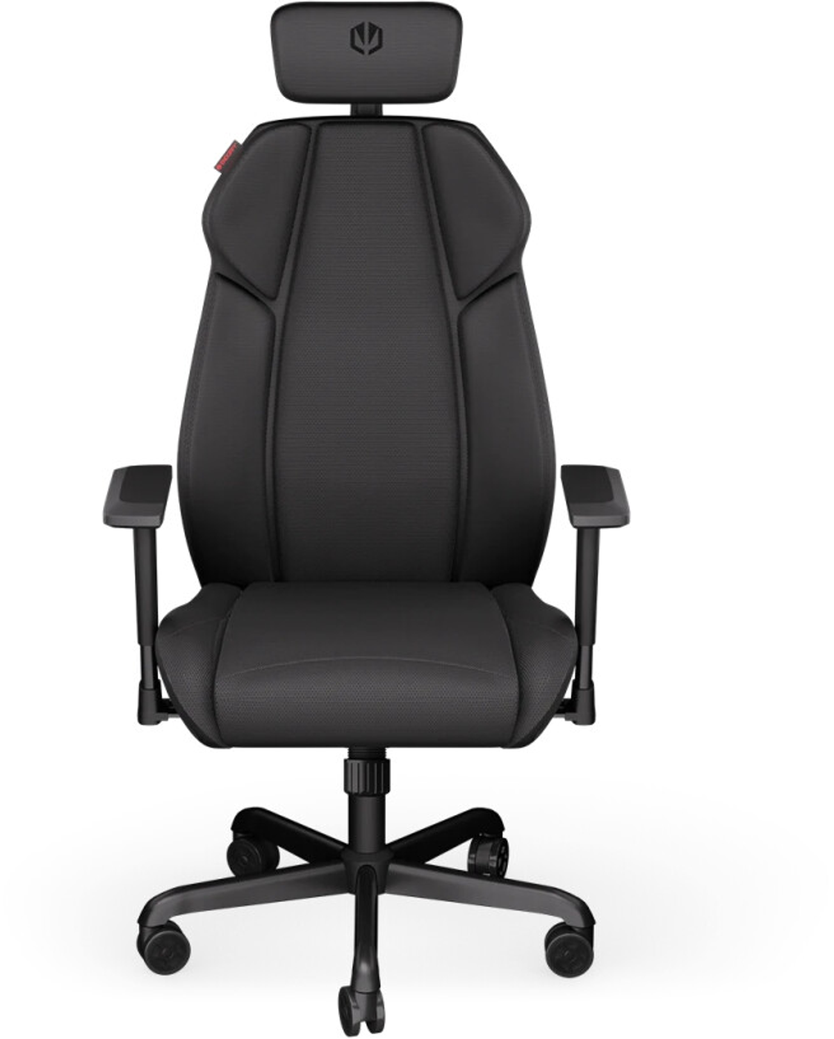 Schwarzer ergonomischer Bürostuhl mit Kopfstütze, Armlehnen und Fünf-Rollen-Basis. Er hat eine Netzrückenlehne und einen Sitz.
