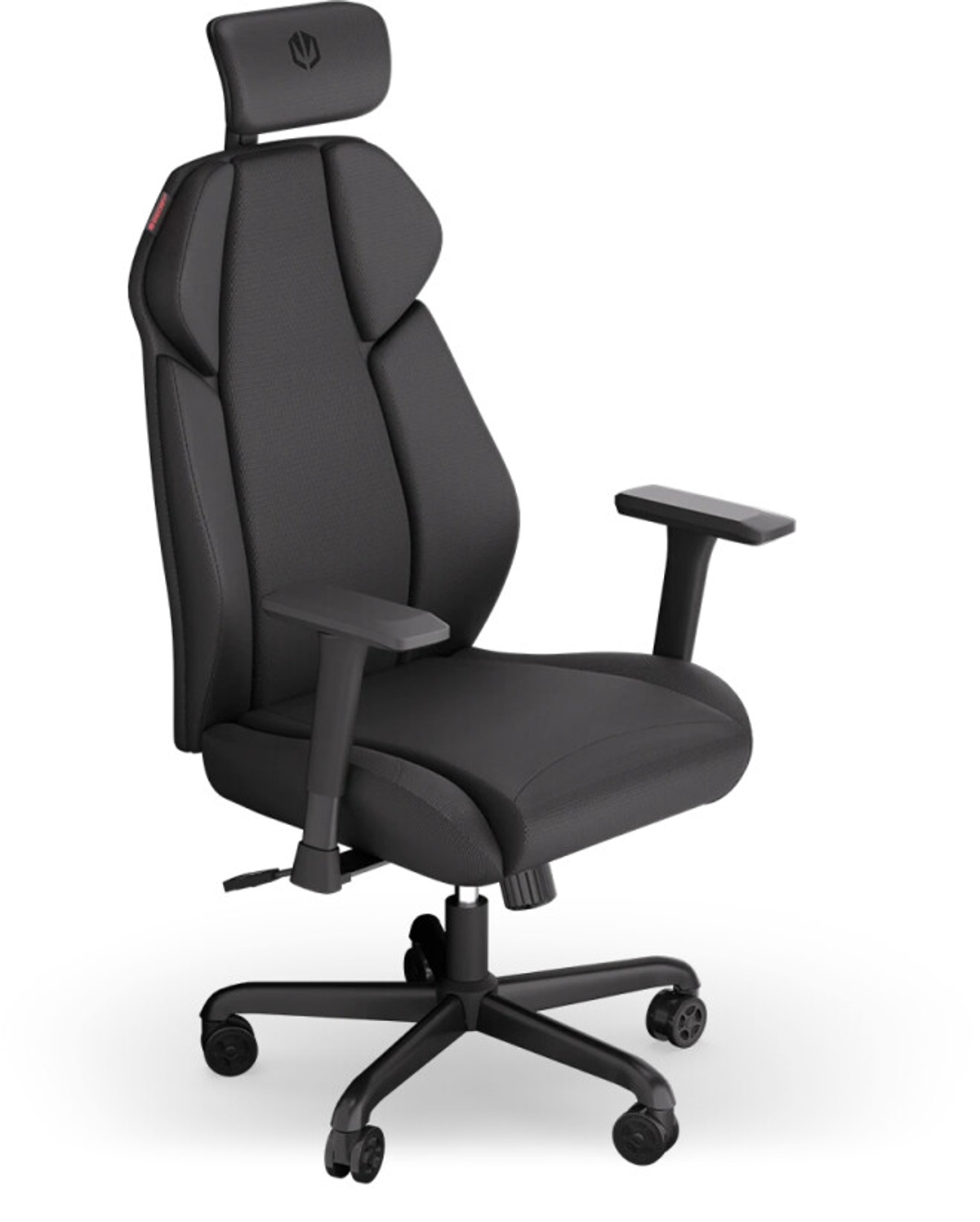 Ein schwarzer ergonomischer Bürostuhl. Er hat eine Kopfstütze, Armlehnen und ein Fünf-Sterne-Gestell mit Rollen. Der Stuhl steht vor weißem Hintergrund.