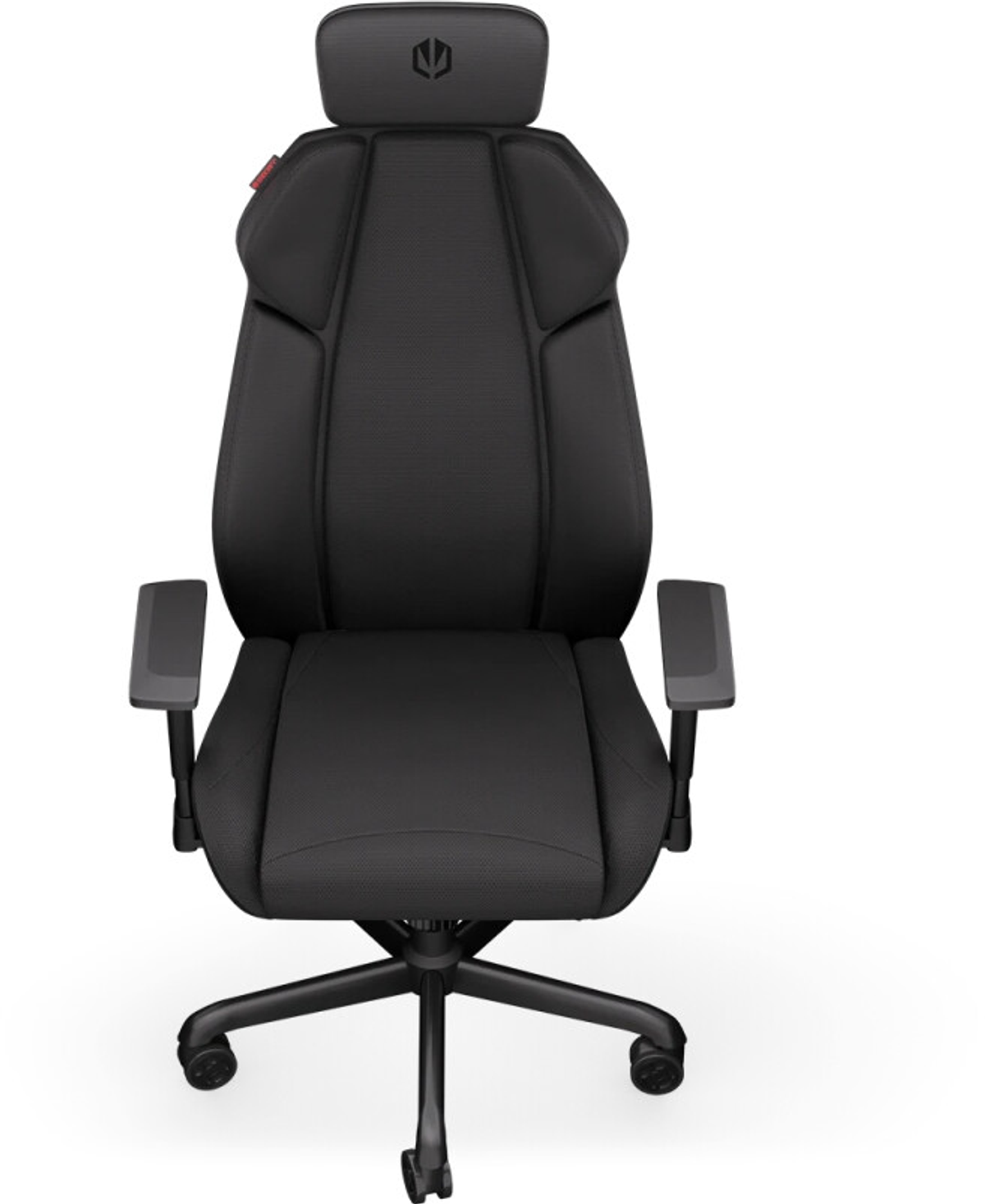 Ein schwarzer ergonomischer Bürostuhl mit Kopfstütze, Armlehnen und einem Fünf-Sterne-Fuß mit Rollen. Der Stuhl steht auf weißem Hintergrund.