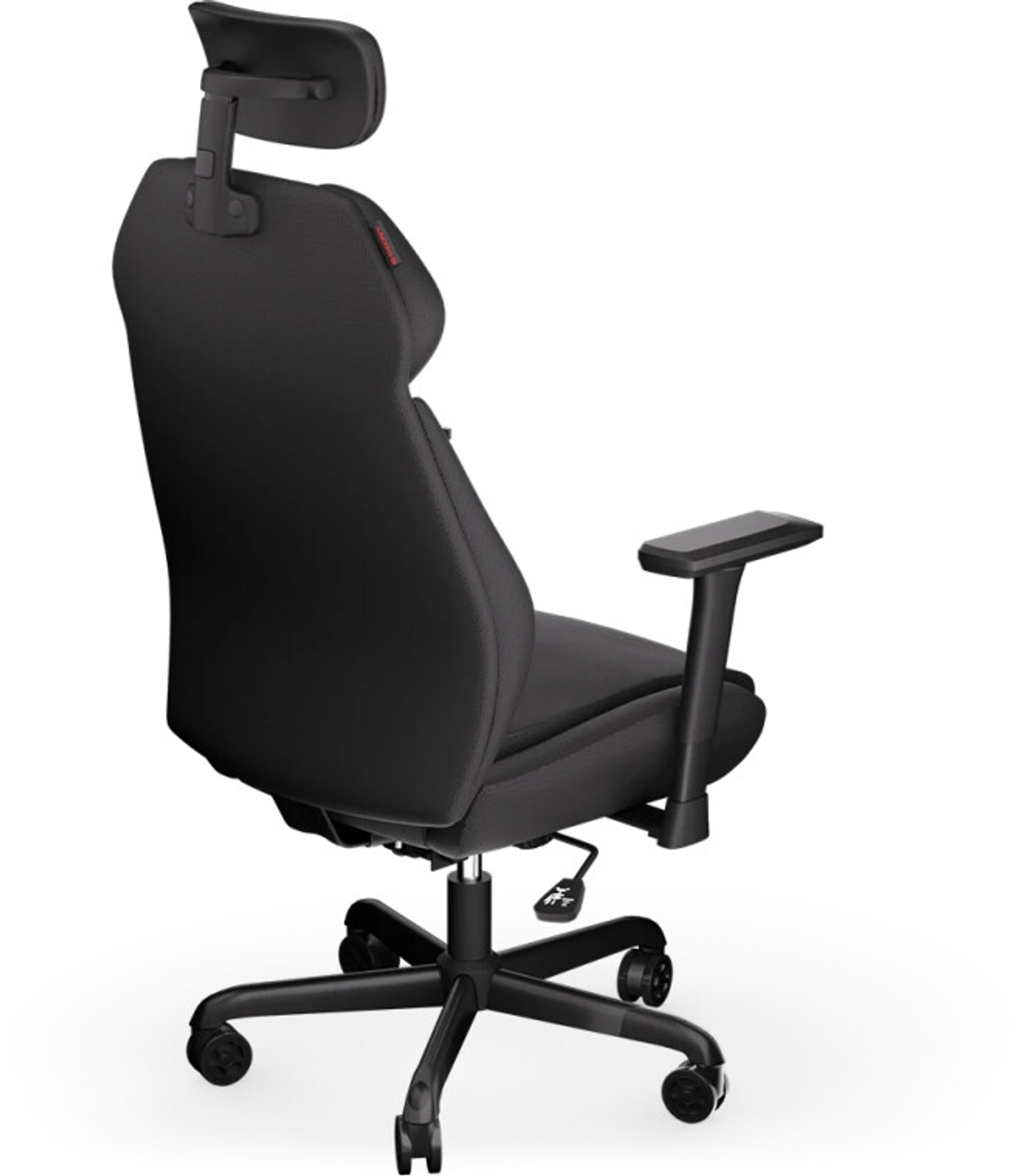 Ein schwarzer ergonomischer Bürostuhl. Er hat eine Kopfstütze, Armlehnen und ein Fünf-Sterne-Gestell mit Rollen. Der Hintergrund ist weiß.