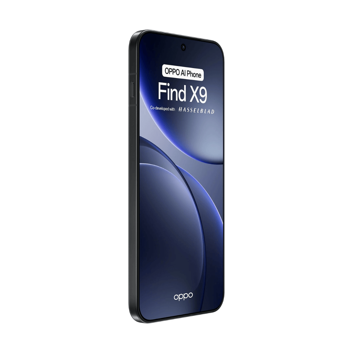 Wyświetlany jest czarny smartfon Oppo Find X9. Ekran pokazuje niebiesko-biały design z logo Oppo.