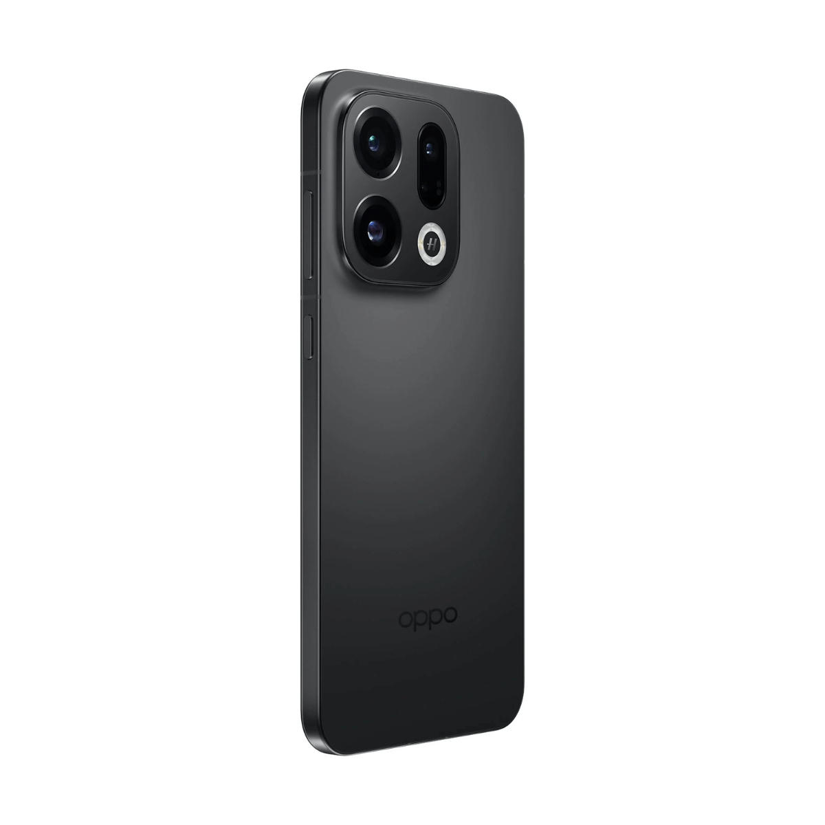 Czarny telefon Oppo, widok z tyłu. Widoczne są cztery obiektywy aparatu. Logo Oppo na dole, na białym tle.