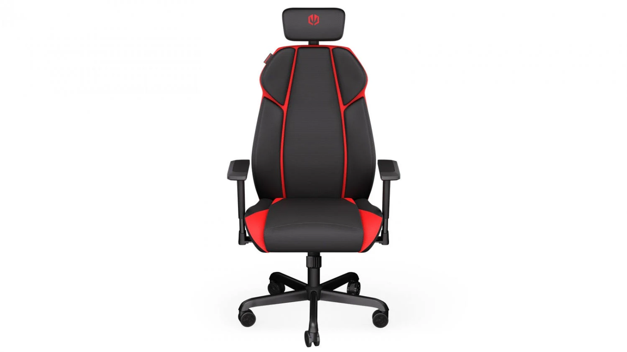 Ein schwarz-roter Gaming-Stuhl mit Kopfstütze und Armlehnen. Der Stuhl steht vor weißem Hintergrund.